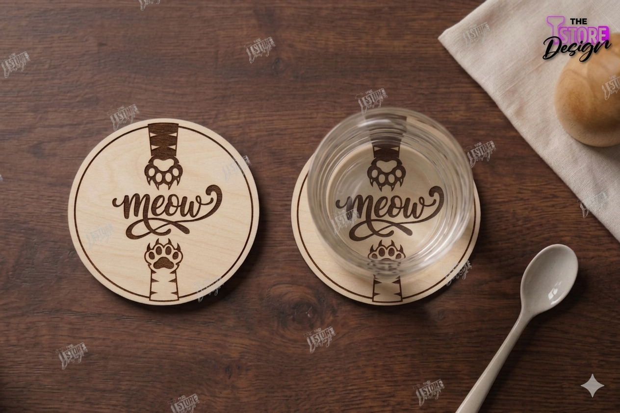 Posavasos de Madera Grabados con Diseños de Gatos - Imagen 2