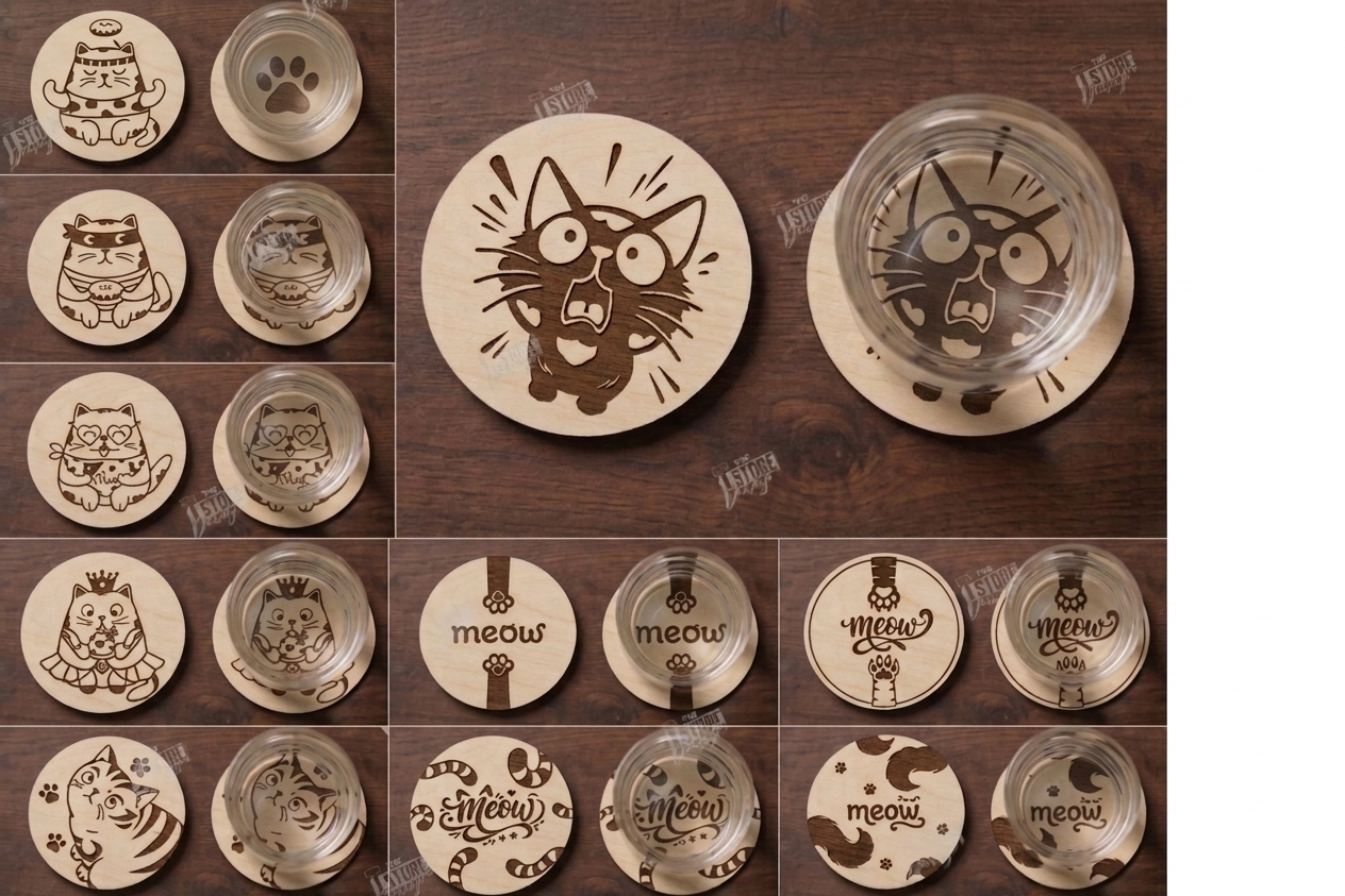 Posavasos de Madera Grabados con Diseños de Gatos
