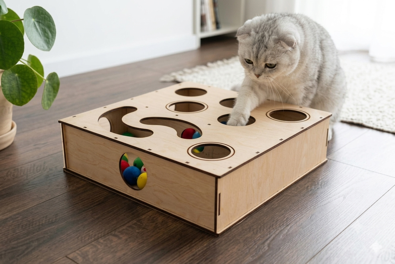 Juguete Interactivo de Madera para Gatos – Caja de Entretenimiento